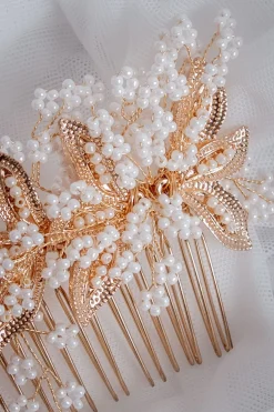 Glamouröser Haarkamm mit weißen Perlen und goldenen Blättern>Fräulein Maya Online