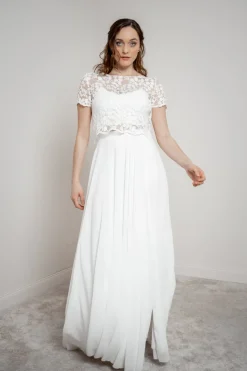 Kurzarm-Braut Top aus Blätterspitze – Aza><noscript><img width=