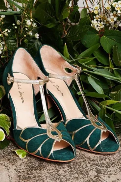 Offener Brautschuh in Tannengrün und Gold - Mimosa><noscript><img width=