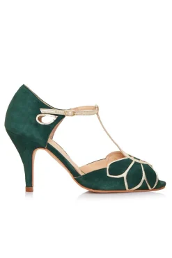 Offener Brautschuh in Tannengrün und Gold - Mimosa><noscript><img width=