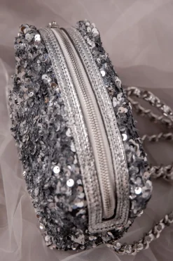 Silberne Handtasche mit Pailletten –><noscript><img width=