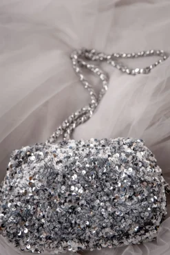 Silberne Handtasche mit Pailletten –><noscript><img width=