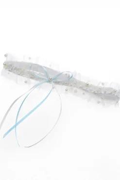Strumpfband in Blau und Ivory mit Schleife und Kunstperlen>Poirier Sale